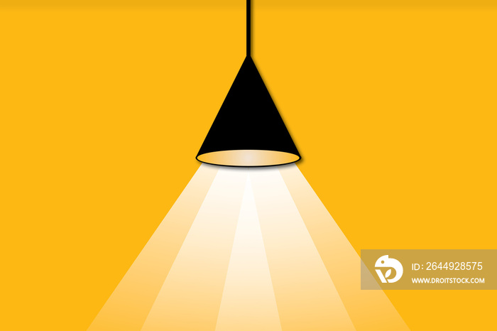 Lamp with light on yellow background. Concept for bright idea and insight. Business creativity and inspiration. Motivation for success. Think big ideas. copy space for text. illustration design style.