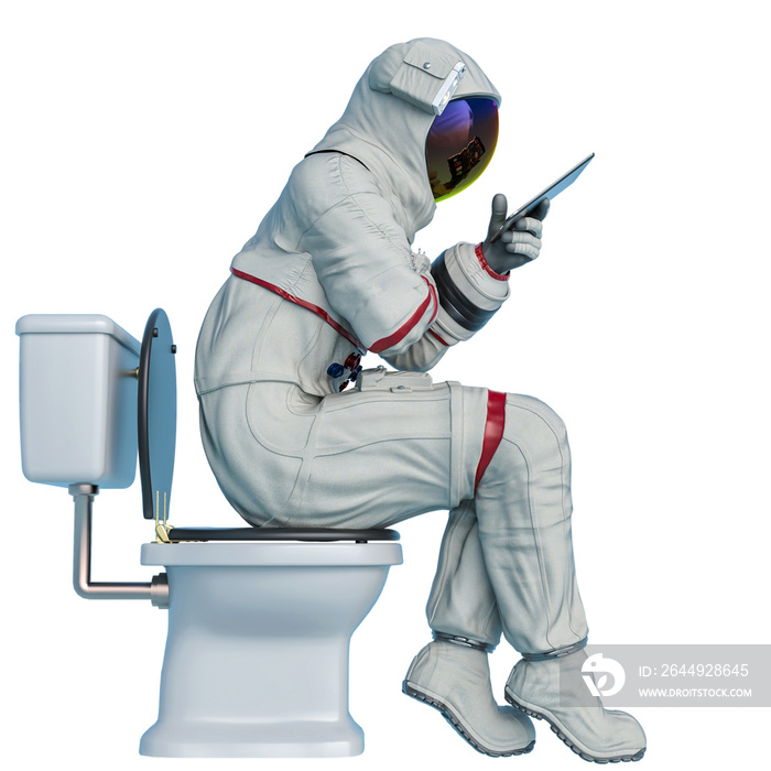 astronaut reading a tablet on the toilet