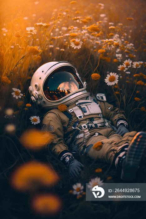 astronaut lying in a meadow of flowers