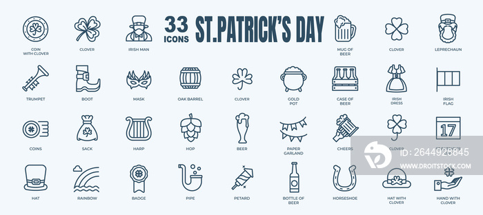 Simple Set of St.Patrick’s Day, Irish holiday and Beer Mug Vector Line Icons. Contains thin Icons as leprechaun hat, clover, shamrock and more. Editable Stroke. 48x48 Pixel Perfect