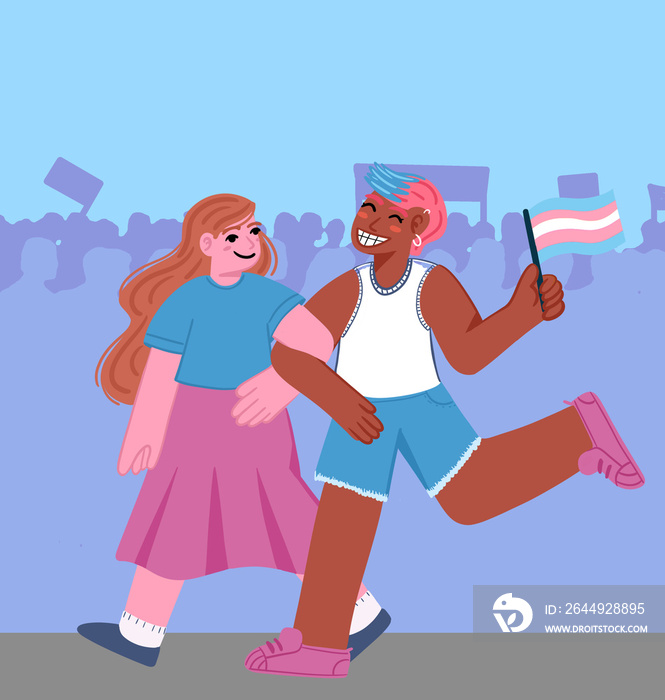 Dos amigues caminando en una marcha por la diversidad sexual con una bandera trans