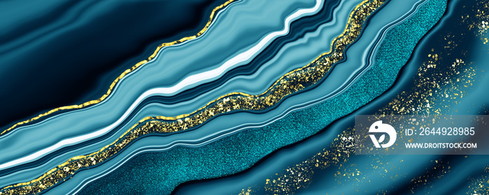 Blue malachite background. Blue and gold marble pattern. Liquid pattern. Creative modern background. Luxury banner.