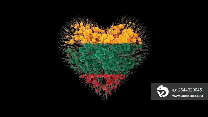 Lithuania National Day. Independence day. February 16. Heart shape made out of flowers on black background. 3D rendering.