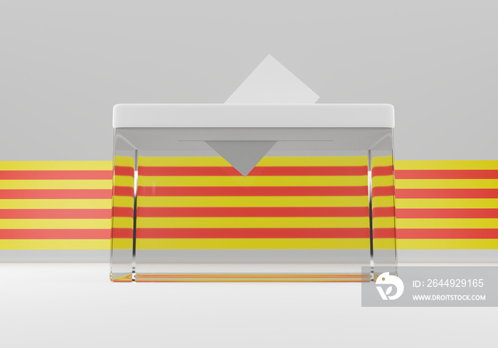 Ballot box with a voting envelope in the slot ready to vote. Catalonia flag in the background.3d Illustration