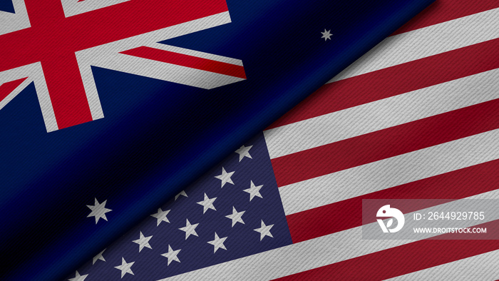 3D Rendering of two flags from Australia and State of  United States of America together with fabric texture, bilateral relations, peace and conflict between countries, great for background