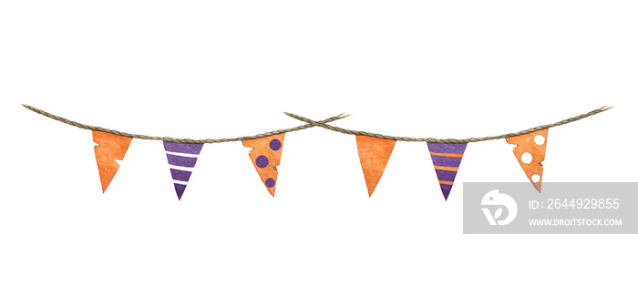 Flag garland halloween colors on white background. Hand drawn triangle flags orange and violet element. Party halloween festive decoration. Hanging flag bright garland decor