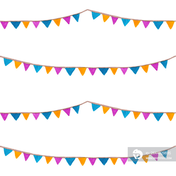 Seamless pattern. Watercolor bright flags garlands. Party, kids party or wedding decor elements. For design, prints, background, cards, greeting, invitation, birthday poster.