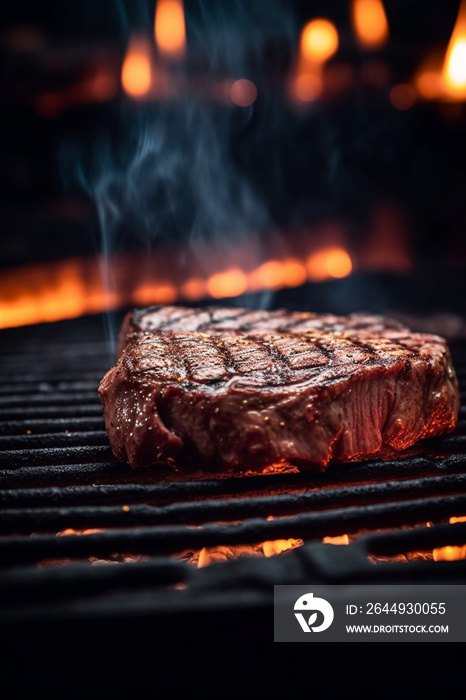 Сooked Hot Medium Rare Ribeye Steak on Wooden Board, steam from meat, grilled