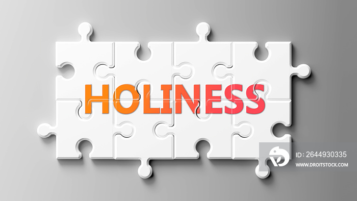 Holiness complex like a puzzle - pictured as word Holiness on a puzzle pieces to show that Holiness can be difficult and needs cooperating pieces that fit together, 3d illustration