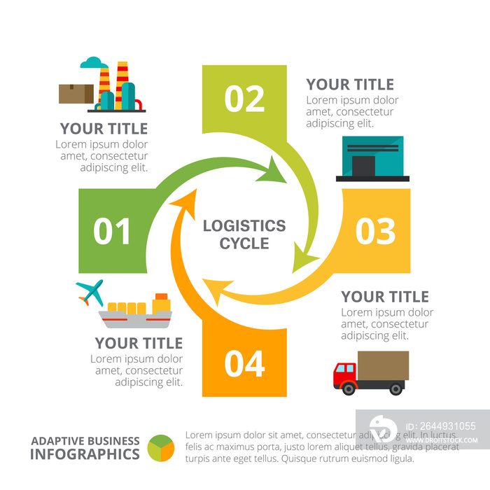 Cycle chart with four elements. Process chart, diagram, template. Creative concept for infographics, presentation, project. Can be used for topics like business, workflow, logistics.