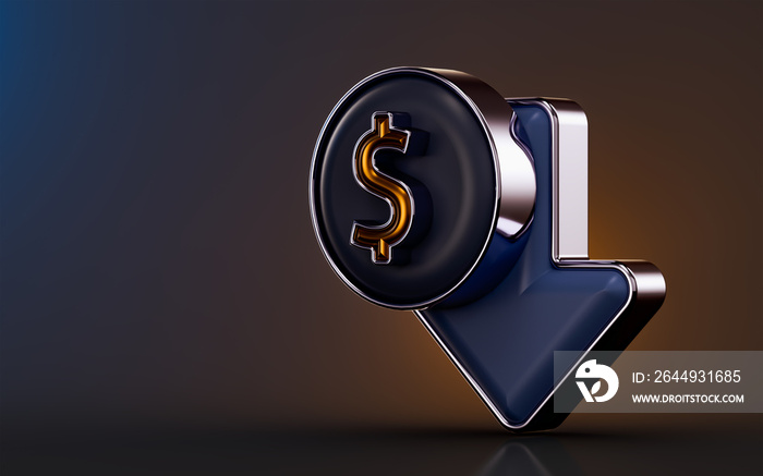 dollar down icon on dark background 3d render concept for  Business lost crisis decrease rate money