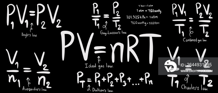 Gas equation on blackboard, ideal gas law equation, combine gas law equation, gas law of chemistry and physics