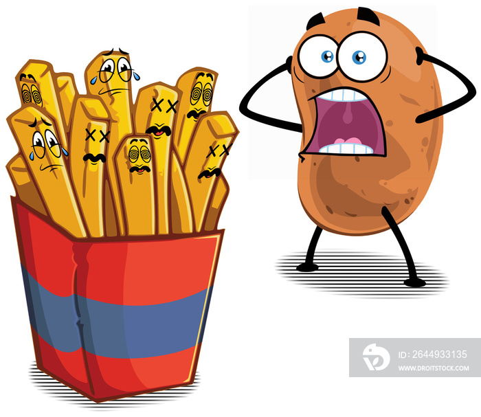 Potato screams in front of a bag of dead fries - funny food cartoon