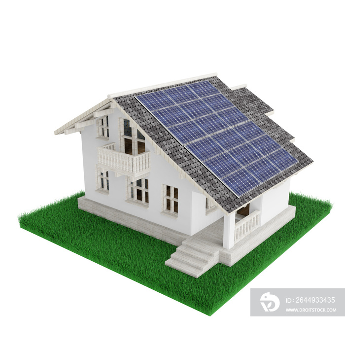 House roof with solar panels Smart home power system solar cells energy saving homes solar energy 3d illustration