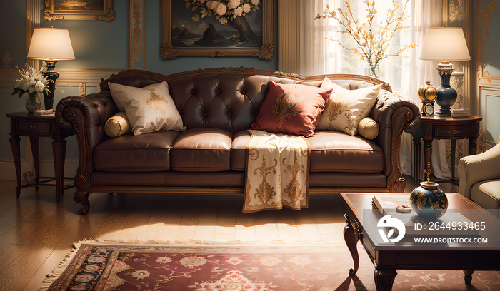 Photo of a cozy living room with elegant furniture and a beautiful painting on the wall