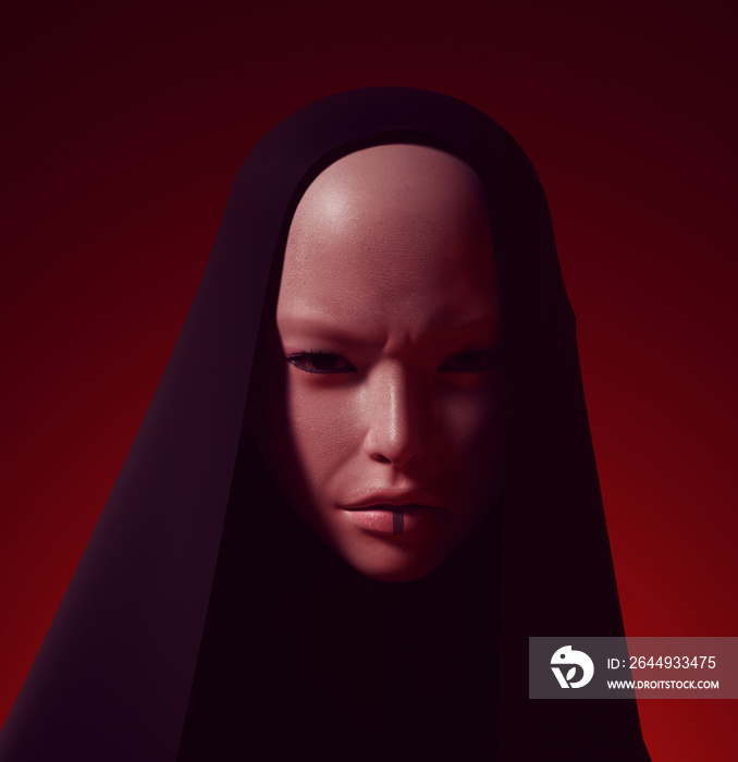 Futuristic Woman Female Alien Sci Fi CG Character in a Hood Hijab 3d illustration render