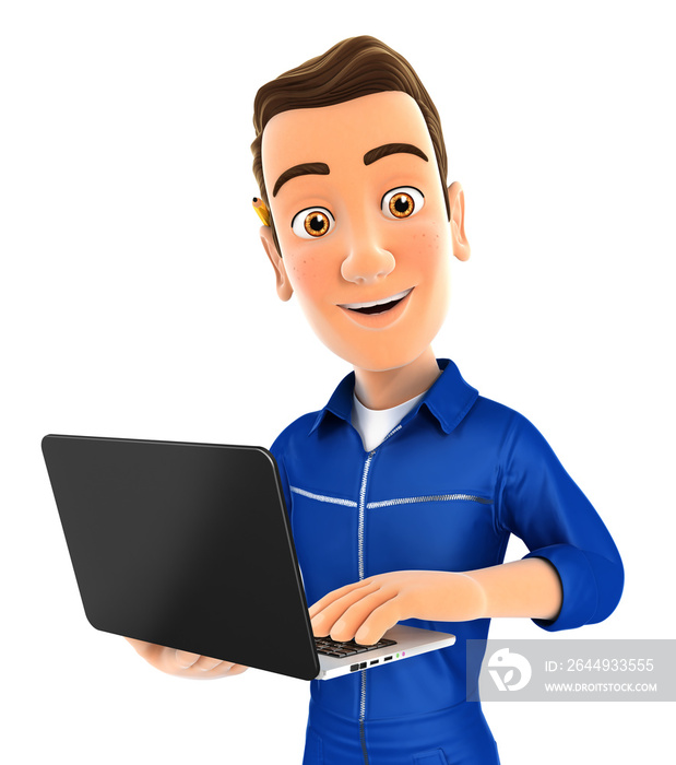 3d mechanic standing and holding laptop