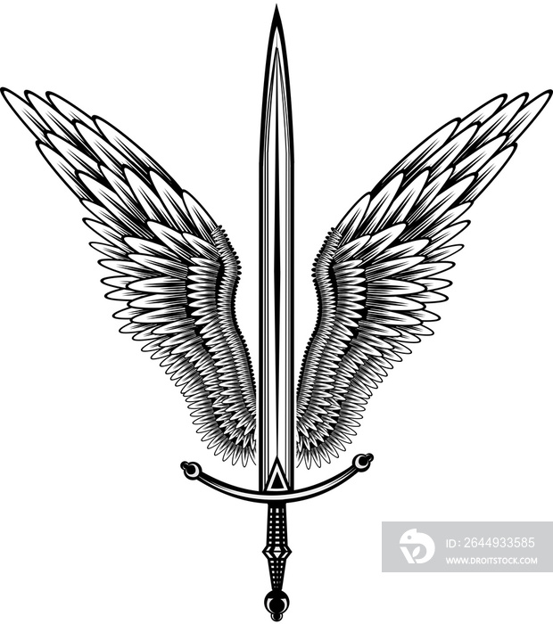 Sword with wings. Guard. Design element for logo, label, emblem, sign, badge and tattoo