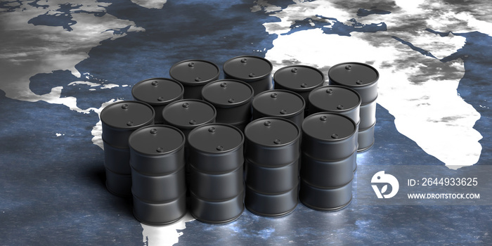 Oil barrels black color on world map background. 3d illustration