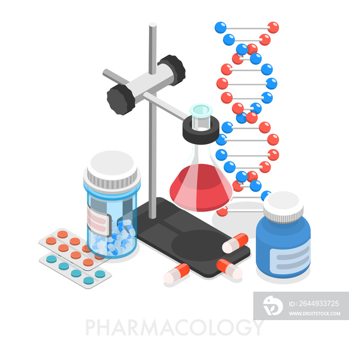 3D Isometric Flat  Conceptual Illustration of Pharmacology.