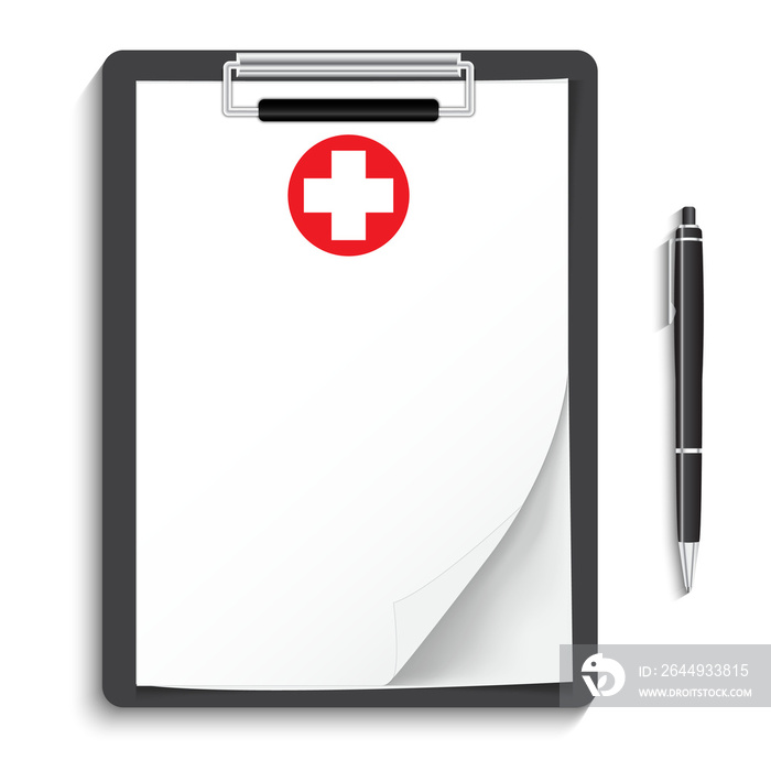 Clipboard with medical cross and pen. Clinical record, prescription, claim, medical check marks report, health insurance.1