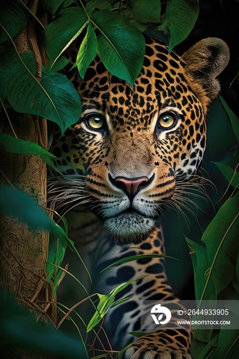 jaguar with piercing eyes in the brazilian jungle illustration design art