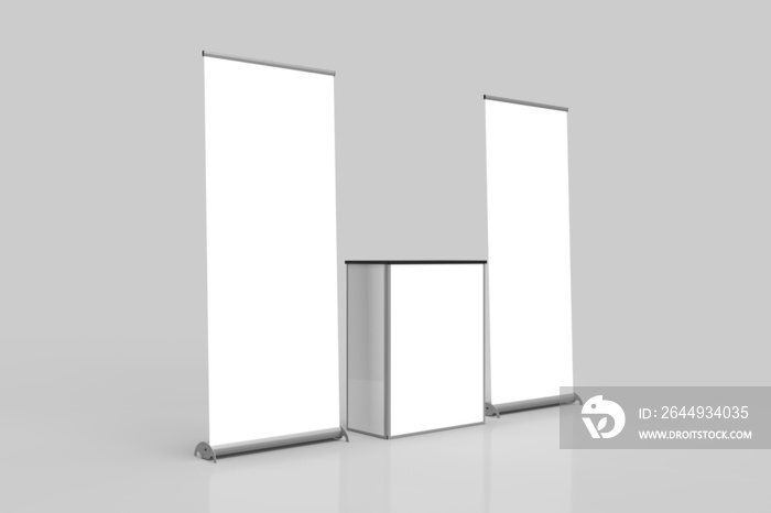 White Pullup Banner Exhibition Displays and Point of Sale Table in the middle Isolated on a grey background, Left Angled View, for mockup and illustration purposes. 3D Render illustration