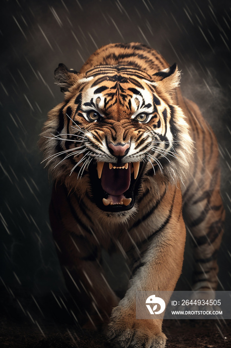 The roaring tiger in the thunderstorm