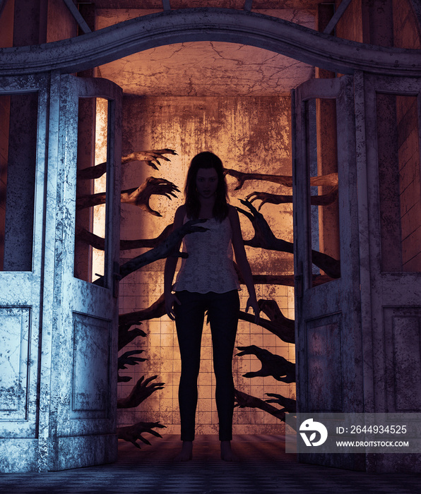 House of a thousand hands,Undead hands behind the doors haunting the girl in a haunted house,3d rendering