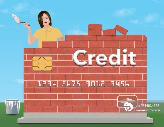 A young woman holds a trowel and mortar as she rebuilds a brick credit card outdoors. The theme is rebuilding or repairing your credit rating.