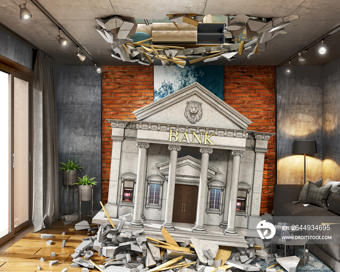 Destoyed interior concept, fallen bank building in interior, broken ceiling with the pieces all around, hole in ceiling, 3d illustration