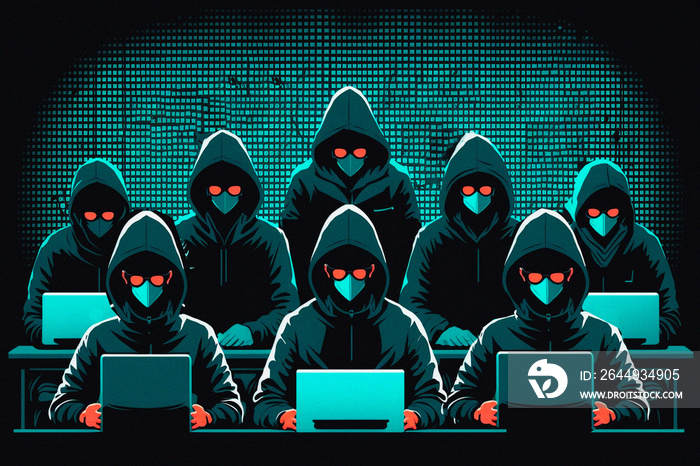 Hacker team are using laptops for identity theft, internet, cybercrime. Cyber attack concept.