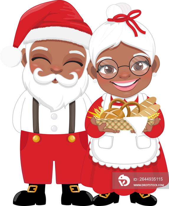 American African Santa in Casual Wear and Mrs.Claus holding Bakery Basket Cartoon Character PNG