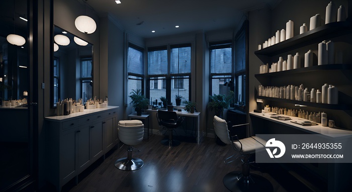 Photo of a well-stocked beauty salon with shelves full of colorful bottles and products