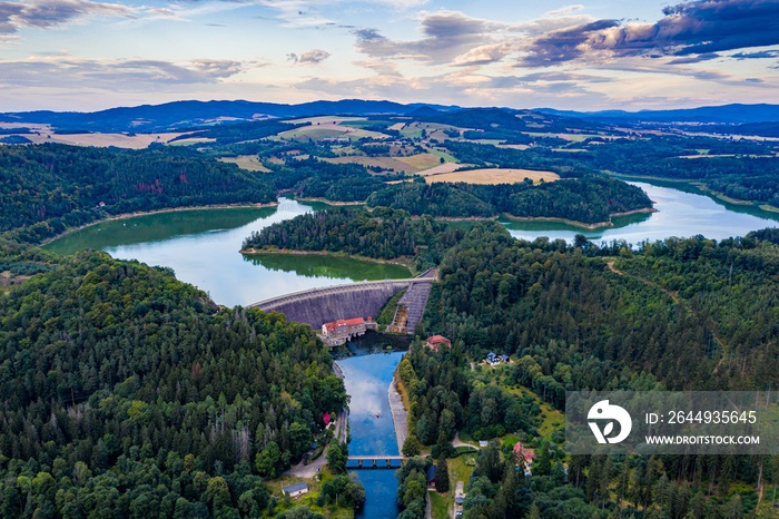 Aerial view of the lake dam. Pilchowice village on Lower Silesia. Poland.