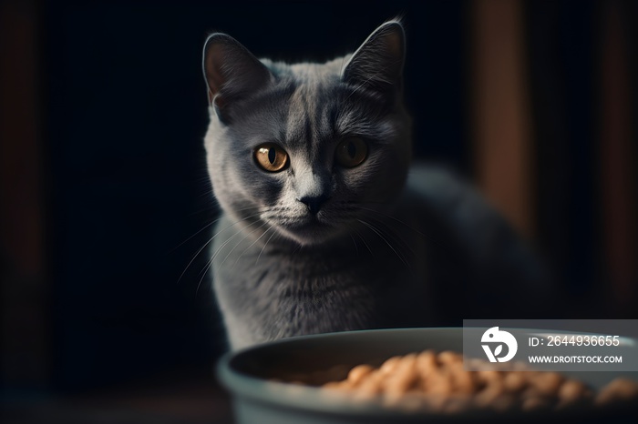 A hungry gray cat eagerly reaches for its food bowl.