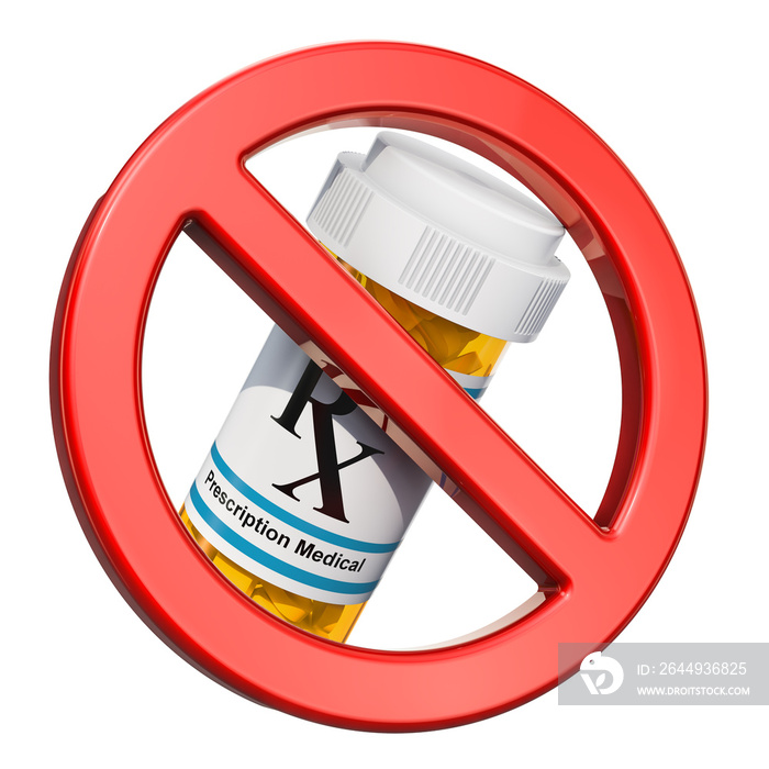 No drugs concept. Sign forbidden with medical bottles full drugs. 3D rendering