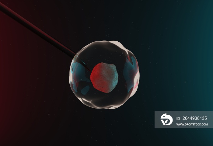 The needle sticks into the cell. The concept of doing invitro, artificial insemination. 3D render, 3D illustration.