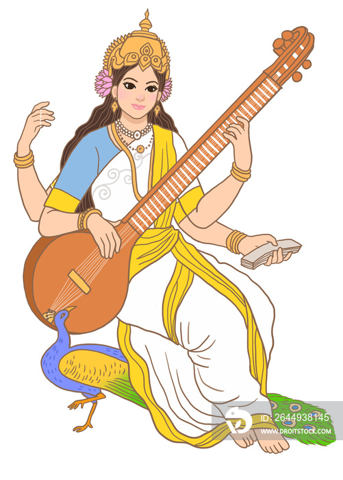 Saraswati Mother Goddess learning, Music, Art, Speech,  Anger, Hindu illustration.