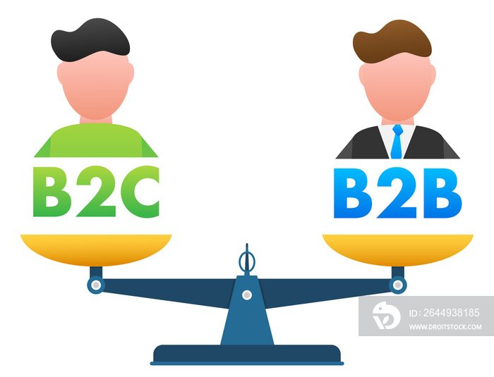 B2C vs B2B balance on the scale. Balance on scale. Business Concept. Vector stock illustration.