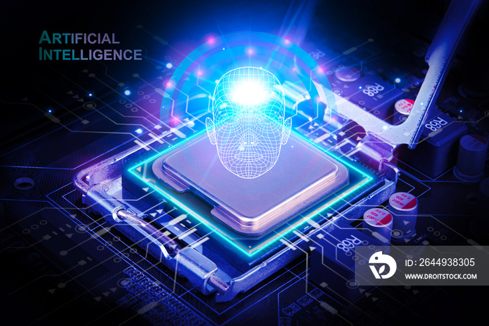 AI artificial intelligence concept, Close up of microprocessor on computer motherboard with electronic circuit interface in dark background, Futuristic innovative technologies. 3D rendering