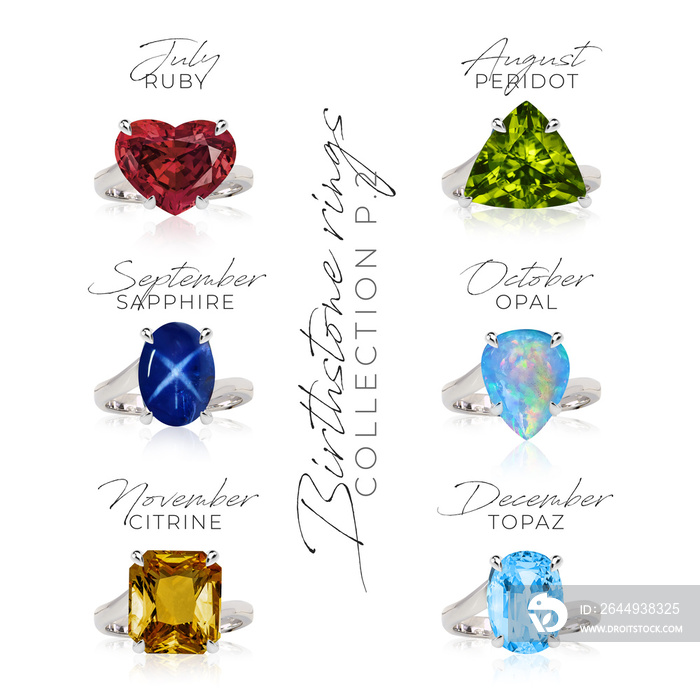 Birthstone rings collection set jewelry gem luxury garnet amethyst aquamarine diamond emerald alexandrite ruby peridot apphire opal citrine topaz