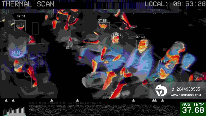 3D illustration of international passengers infrared thermal scan imaging camera on pre-boarding at departure gate. conceptual security and medical health diagnosis quarantine precaution measuring