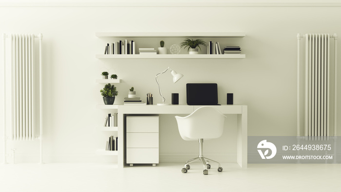 All White Modern Contemporary Home Office with Shelves Setup