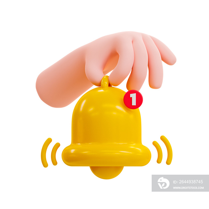 3d minimal New notification alert. New update reminder. Hand holding a ringing bell. 3d illustration.