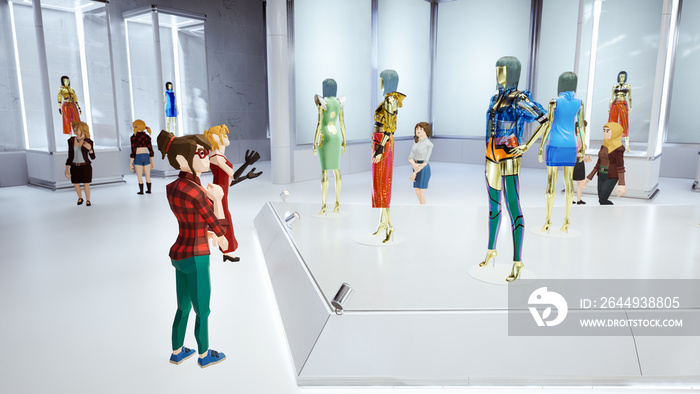 Metaverse avatars of people shopping in digital clothing shop, 3d render