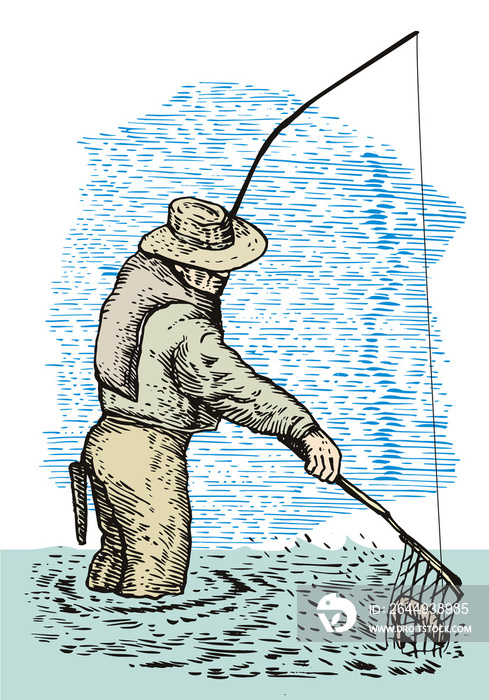 illustration of a fly fisherman casting rod and reel done in retro style