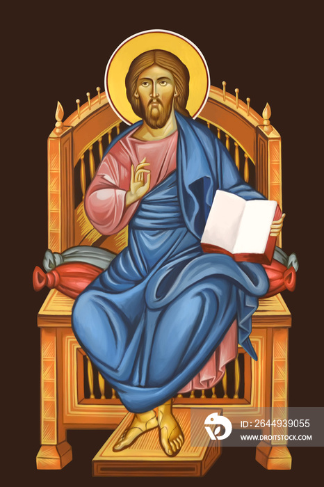 Jesus king sitting on the throne. Illustration - fresco in Byzantine style