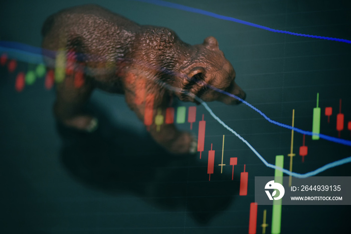 War stock trading bull and bear market concept with stock chart crisis red price drop arrow down chart fall, stock market bear finance risk trend investment business and money losing economic