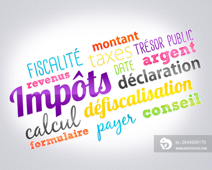 nuage de mots clés en français sur le thème des impôts